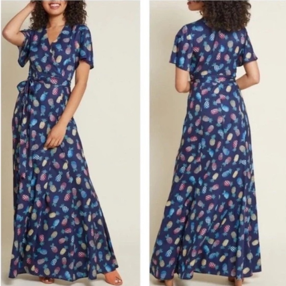 Anthropologie Hutch Pineapple Rainbow Blue Maxi Wrap Dress Size Small‎
